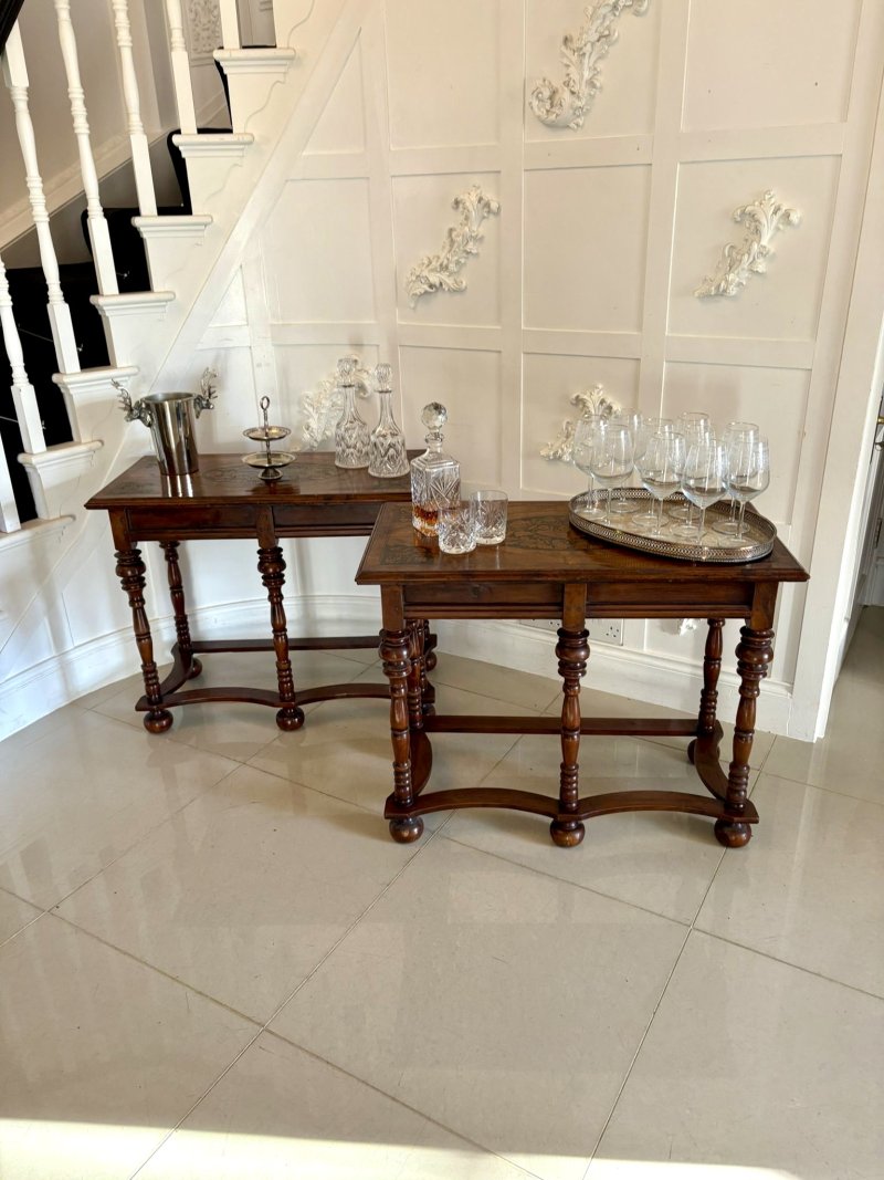 Outstanding Quality Pair of Antique Victorian Burr Walnut Marquetry Inlaid Console Tables - Image 2